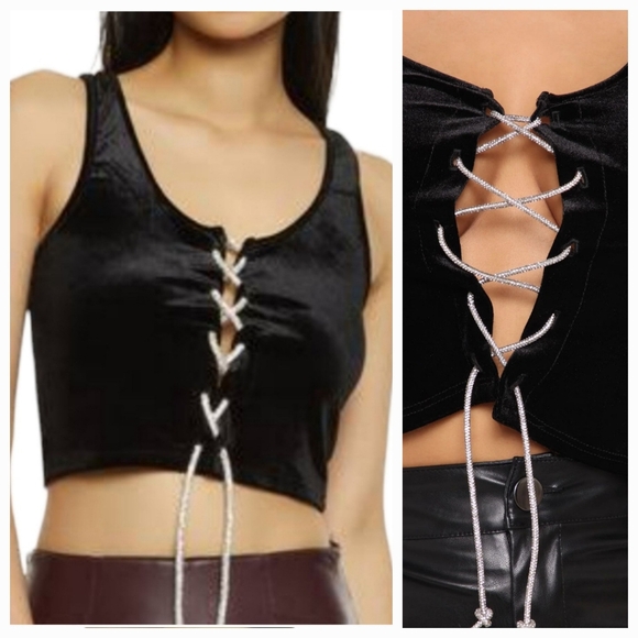 love J Tops - Love J Velour Crop Top Bejeweled Rope Ties